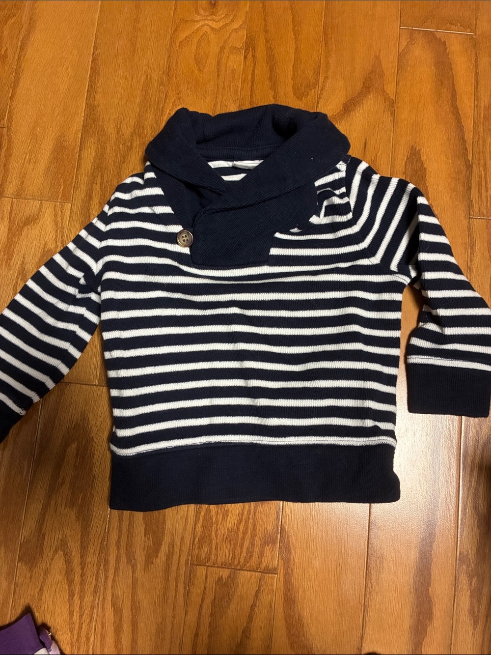 GAP Navy and White Striped Shawl-Collar Sweater